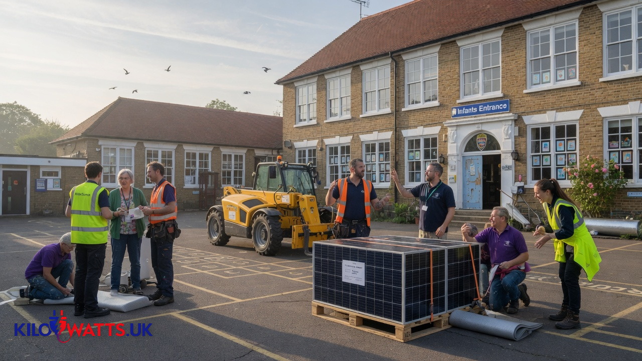 Installers and volunteers with solar panels outside a British primary school for Mo's Solar Mission