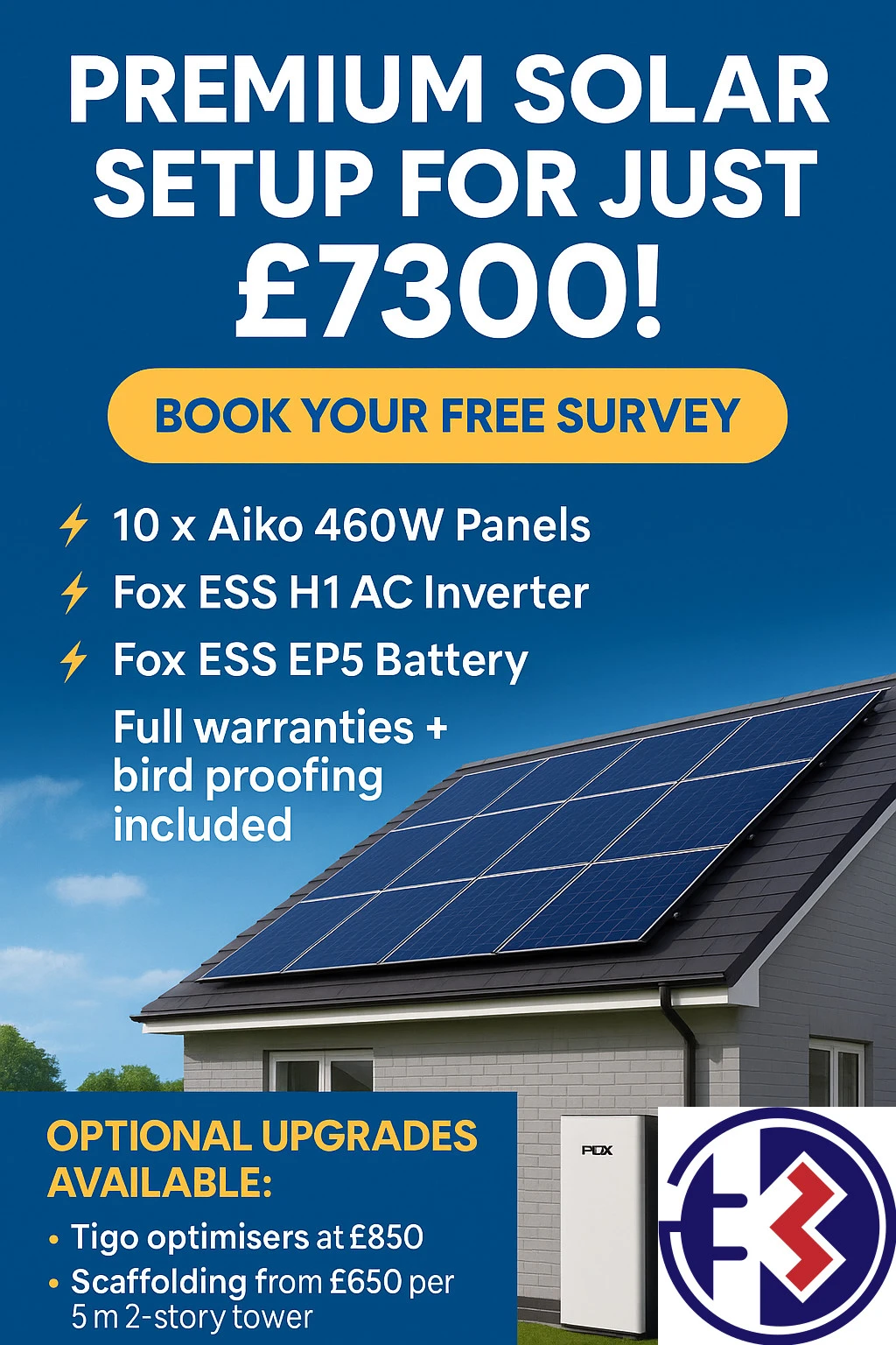 10 x Aiko 23.6% efficient 460w solar panels with 2x 5kw Fox ESS battery