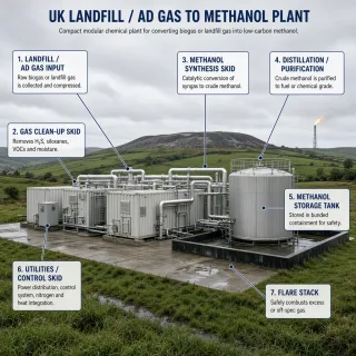 A realistic outdoor photograph of a compact modular chemical plant beside a British landfill or anaerobic digestion site. Several containerised skids sit on a concrete pad, with…
