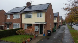 A realistic UK semi-detached house in soft daylight, with rooftop solar panels and a discreet outdoor battery cabinet beside the side wall. On a kitchen table in the foreground,…