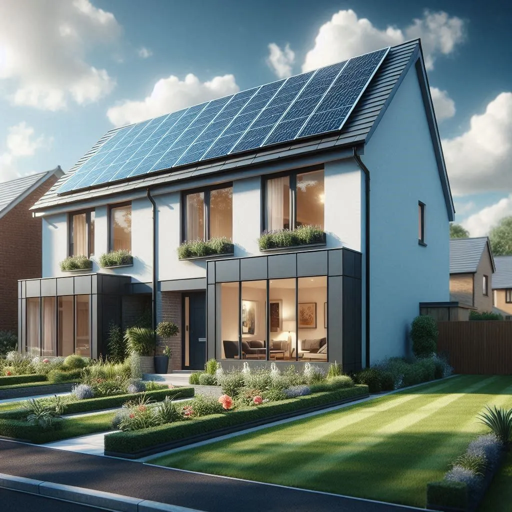 Professional architectural photograph of sleek black photovoltaic solar panels installed on a modern British semi-detached house with south-facing garden and blue sky.