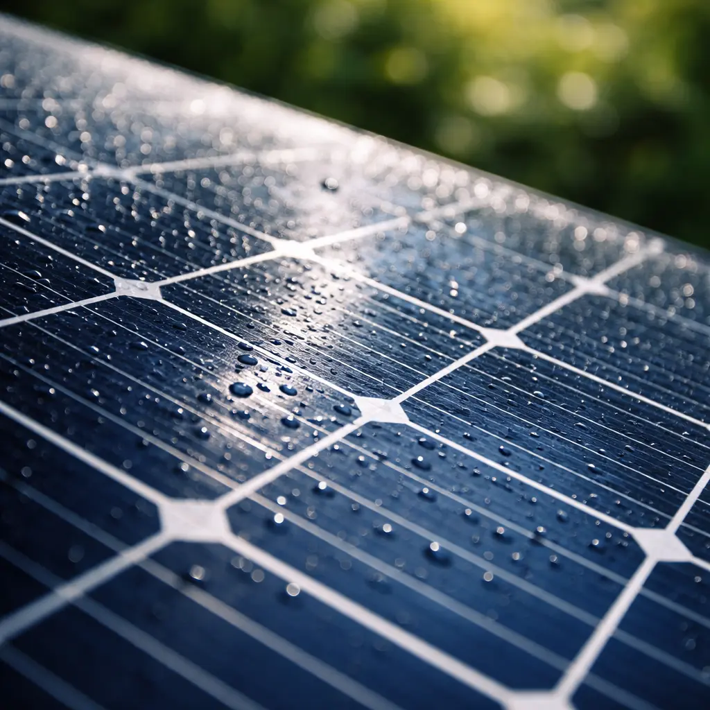 Macro photograph showing individual photovoltaic cells and silver busbars on a modern solar panel surface. Morning dew droplets visible on the glass with shallow depth of field and blurred green UK garden foliage in the background. Technical yet aesthetic composition emphasising solar technology detail.