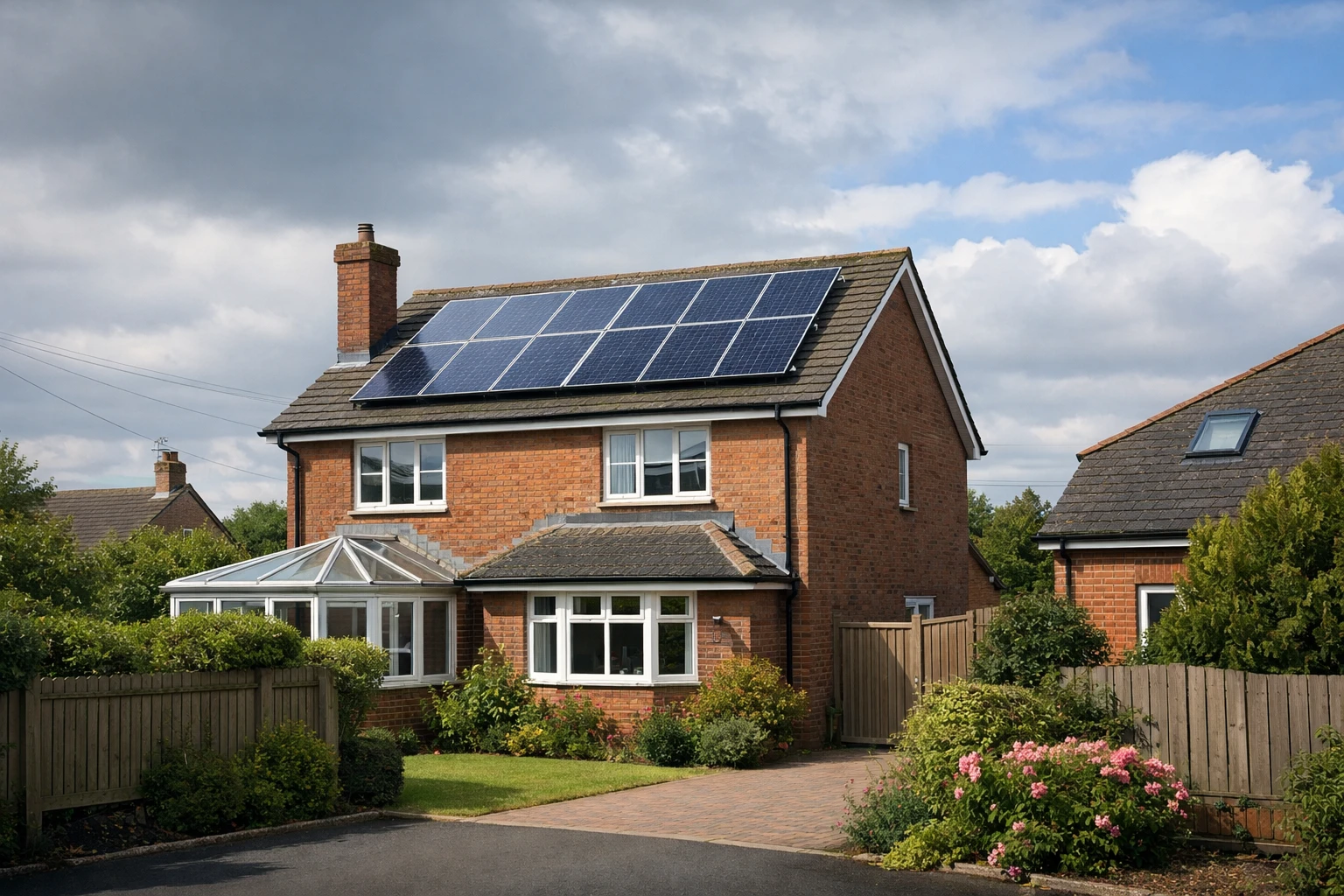Typical UK pitched roof home with solar panels under overcast daylight, illustrating real world factors that affect solar panel efficiency UK.