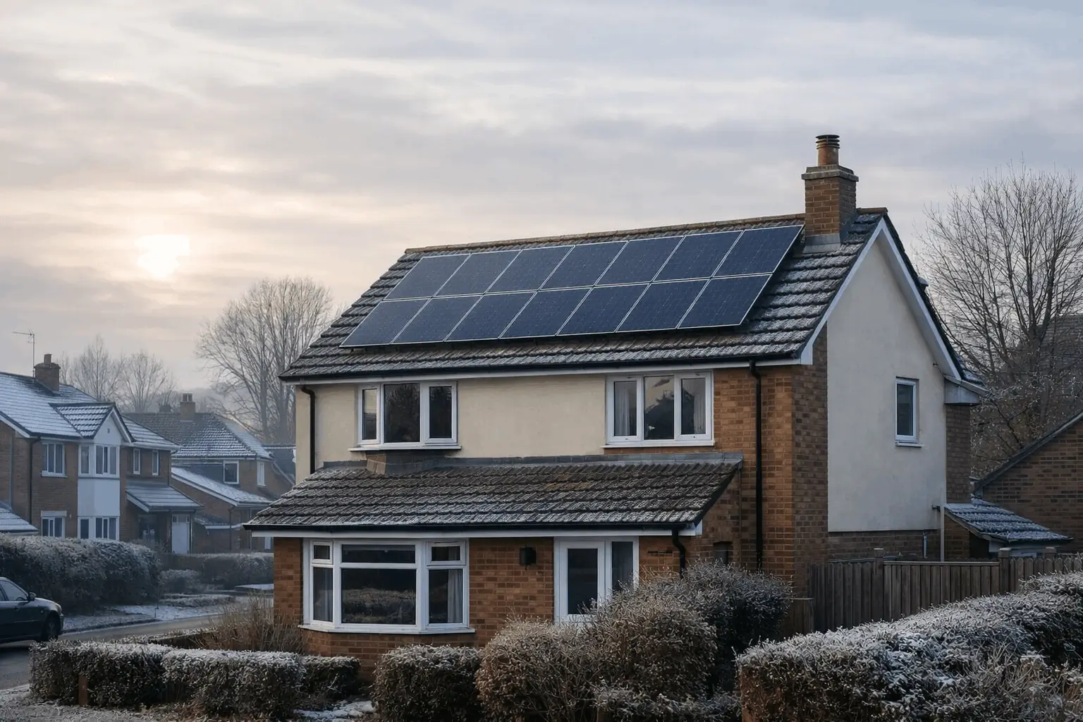 Meta description: Rooftop solar panels on a typical UK suburban house during a cold winter morning, showing low sun angle and overcast daylight conditions.