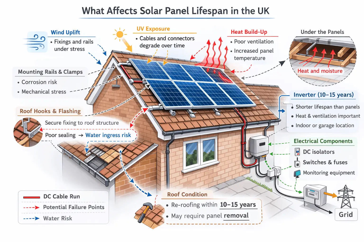 Detailed diagram of a UK rooftop solar PV system showing factors that influence lifespan, including UV exposure, wind uplift, mounting rails, roof hooks and flashing, water ingress risk, DC cable runs, inverter location and heat build-up under panels.
