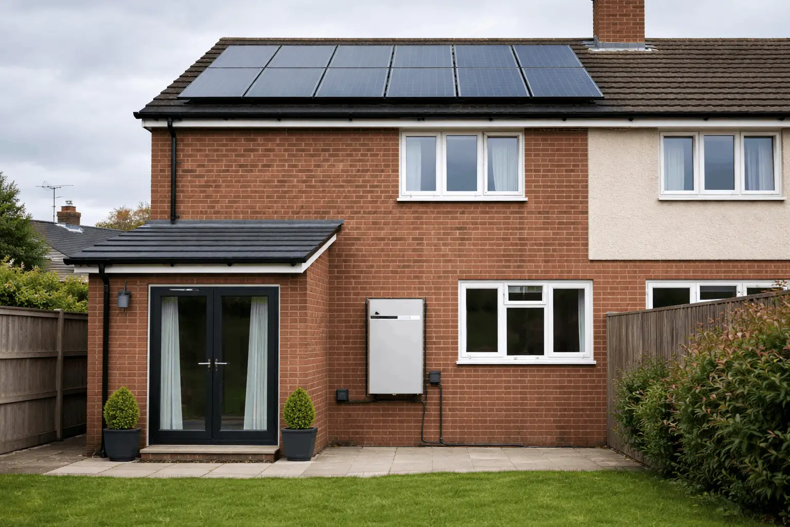 A typical UK home with solar panels and a wall-mounted battery system installed outside.