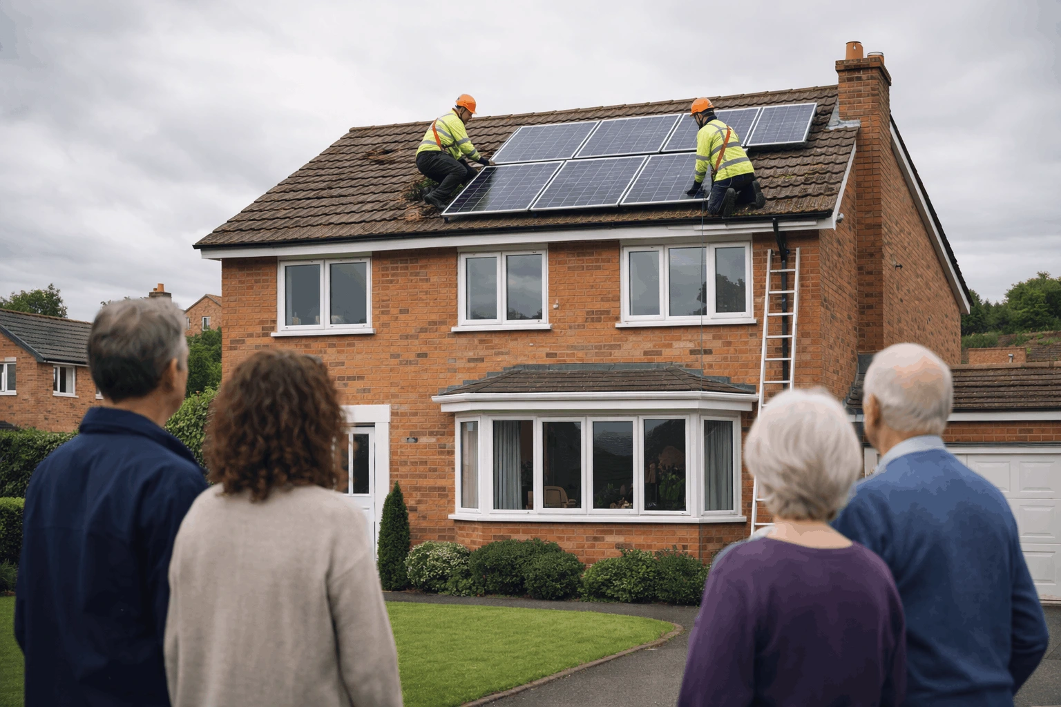 A UK semi-detached house receiving a solar panel installation with neighbours observing, representing a community-supported renewable energy project.