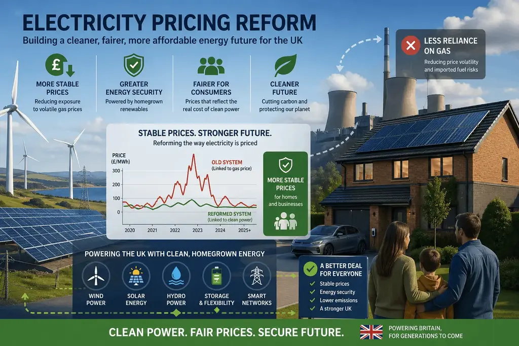 An infographic explaining the UK government's 2026 electricity pricing reforms, showing the shift from a gas-linked pricing system to one based on clean power costs, with wind, solar and storage powering a more stable energy future for homes and businesses.
