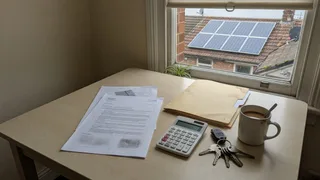 A UK kitchen table with a solar quote, calculator and keys, showing the paperwork step before a Warm Homes loan application.