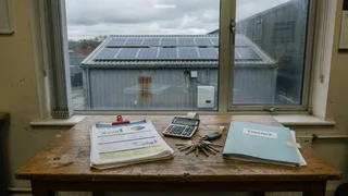 UK commercial office table with a solar quote pack, calculator and keys, warehouse rooftop solar outside the window