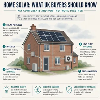 A realistic photograph of a typical British semi-detached house on an overcast day, with a modest south-facing pitched tiled roof carrying a neat array of dark photovoltaic…