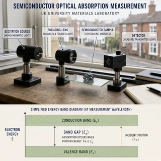 A realistic photograph of a UK university materials laboratory bench in daylight, with a small crystalline semiconductor sample on a glass slide beside a simple optical…