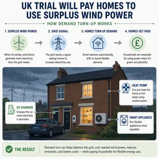 A realistic British terraced house at dusk in windy weather, seen from the street, with a home EV charger cable connected to a car on the drive, a discreet external heat-pump…
