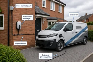 A realistic UK suburban driveway outside a brick semi-detached home with a neatly installed wall-mounted EV charger, a plugged-in electric van with discreet generic business…