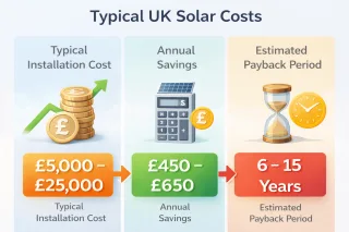 Infographic showing typical UK solar installation costs from 5,000 to 25,000, annual savings, and estimated payback period