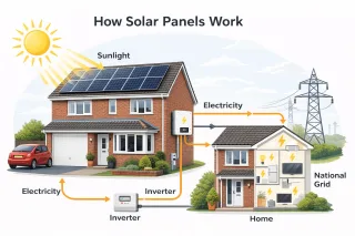 Diagram showing how solar panels generate electricity for a UK home and feed excess power into the national grid