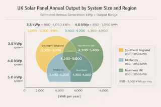 Comparison chart showing estimated annual solar electricity generation in the UK by system size and region, highlighting how location affects solar panel output.
