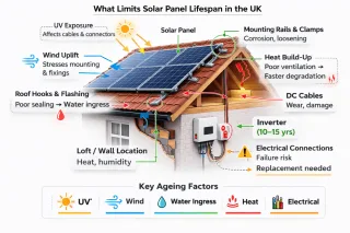 Labelled diagram of a UK rooftop solar system highlighting factors that affect lifespan, including UV exposure, wind uplift, water ingress risk, heat build-up, mounting rails, DC cables and inverter location.