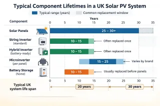 Detailed diagram of a UK rooftop solar PV system showing factors that influence lifespan, including UV exposure, wind uplift, mounting rails, roof hooks and flashing, water ingress risk, DC cable runs, inverter location and heat build-up under panels.