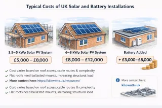 Infographic showing typical UK installed costs for 3.5 to 5 kWp and 6 to 8 kWp solar PV systems, plus the additional cost of adding battery storage, with key pricing factors such as roof access, scaffolding and mounting complexity.
