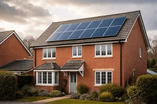 A realistic UK home with rooftop solar panels, showing everyday context for whole house solar power.