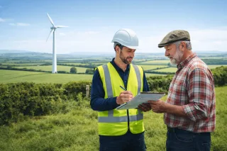 Photograph showing a site consultation for a small scale wind turbine installation in a rural UK setting, reflecting suitability assessment based on exposure, planning and grid considerations.