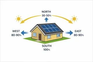 Comparison chart of solar panel output by roof direction in the UK, showing performance differences between south, south-east, south-west, east, west, and north.