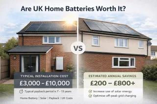 Visual comparison of typical UK home battery costs and potential savings over time.