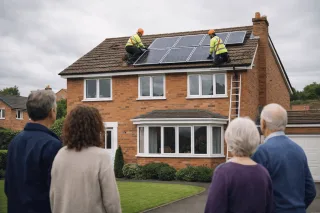 A modern banner featuring a mongoose mascot and a UK home with solar panels, representing the launch of a community-driven solar initiative.