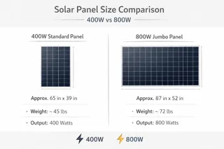 Visual comparison of standard and jumbo solar panels showing differences in size, weight, and power output.