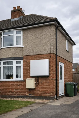 A typical UK home with a battery storage system installed without solar panels, showing a realistic setup.