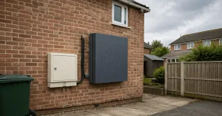 A UK home with a wall-mounted battery system installed next to the meter box in a typical suburban setting.