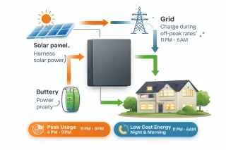 Diagram showing how a home battery stores and supplies electricity in a UK household.