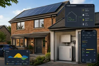 A UK semi-detached property with rooftop solar panels and a GivEnergy battery storage system installed in the garage, shown alongside a live home energy monitoring app displaying solar generation, battery charge and grid usage.