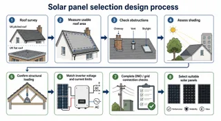 Description: Clear technical diagram explaining how panel wattage differs from system performance. Show three connected concepts: panel rating under test conditions, usable roof...
