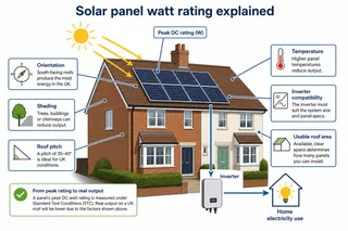 Description: An informative technical diagram showing how a solar panel watt rating differs from annual generation. Include a simple panel labelled with concepts such as panel w...