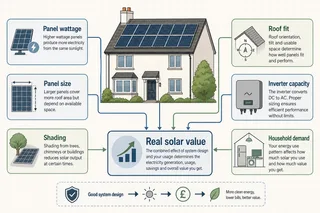 Description: Clear technical diagram showing how panel wattage, panel size, roof fit, inverter capacity, shading, and household demand combine to determine real solar value. Use...