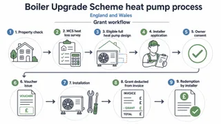 Description: An informative clean diagram showing the Boiler Upgrade Scheme heat pump process in England and Wales, with simple labelled stages: property check, heat loss survey...
