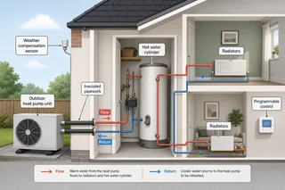 Description: An informative cutaway-style diagram of a typical UK air source heat pump installation, showing the outdoor unit, insulated pipework, indoor hot water cylinder, rad...