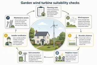 Description: An informative process diagram explaining the key checks before installing a garden wind turbine in the UK. Show a simple home and garden at the centre with labelle...