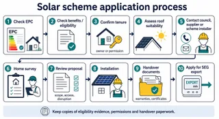 Description: Clean informative diagram showing the UK solar grant application process as a practical flow from checking EPC and benefits, to confirming tenure and roof suitabili...