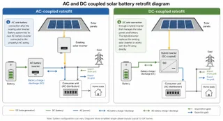 Description: A clean technical diagram explaining AC-coupled versus DC-coupled battery retrofit options for an existing UK solar PV system, showing solar panels, existing solar ...