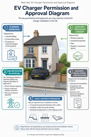 Description: An informative clean diagram showing the different types of permission and approval involved in a UK home EV charger installation, with separate labelled pathways f...