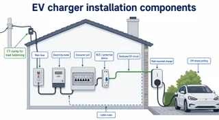 Description: A clean technical explainer diagram showing the main parts of a typical UK home EV charger installation. Include a house outline, consumer unit, electricity meter, ...