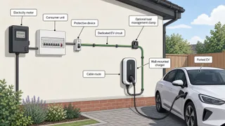 Description: A clean technical explainer diagram showing the main parts of a typical UK home EV charger installation. Include a house outline, consumer unit, electricity meter, ...