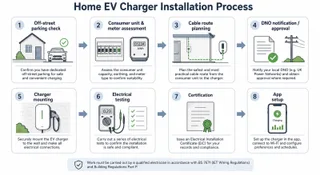 Description: An informative clean technical diagram showing the main stages of a UK home EV charger installation, including off-street parking check, consumer unit and meter ass...