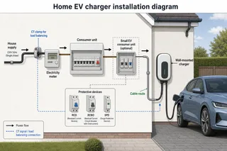 Description: An informative clean technical diagram showing the main stages of a UK home EV charger installation, including off-street parking check, consumer unit and meter ass...