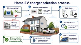 Description: An informative, clean technical diagram showing the decision process for choosing a UK home EV charger. Use a simple house outline with labelled decision branches f...
