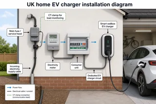 Description: An informative, clean technical diagram showing the decision process for choosing a UK home EV charger. Use a simple house outline with labelled decision branches f...