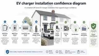 Description: An informative cutaway-style diagram showing the practical installation route for a UK home EV charger, including the electricity meter, consumer unit, protective d...